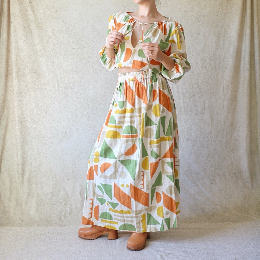 Linen Blend Boho Abstract Print Maxi Skirt and Long Sleeve Crop Top Set